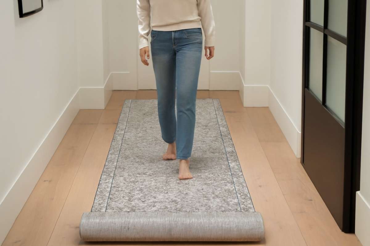 Žena bosih nogu hoda niz uzak hodnik po sivoj stazi na svetlom drvenom podu.